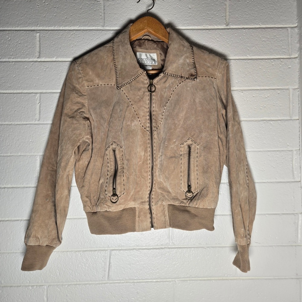 Vtg Womens Bomber Jacket Tan Suede Leather Whipstitch Classic Neutral Capsule XL